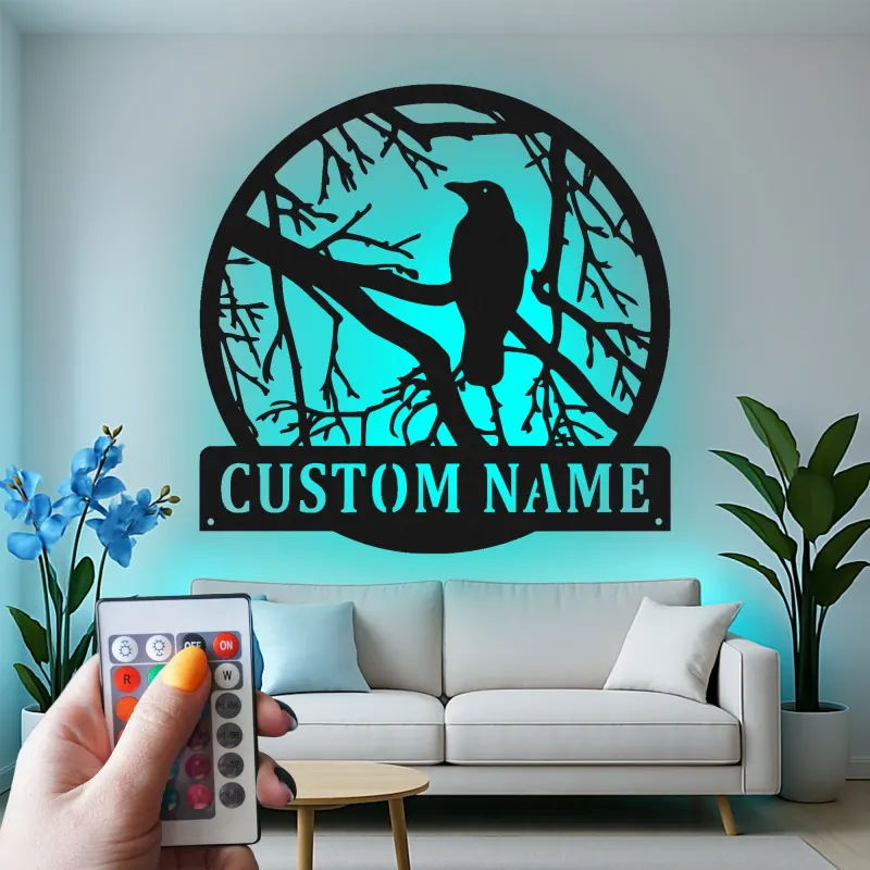 Custom Raven Metal Wall Art | Personalized LED Light Gothic Decor | Custom Name Sign for Home, Cabin or Studio