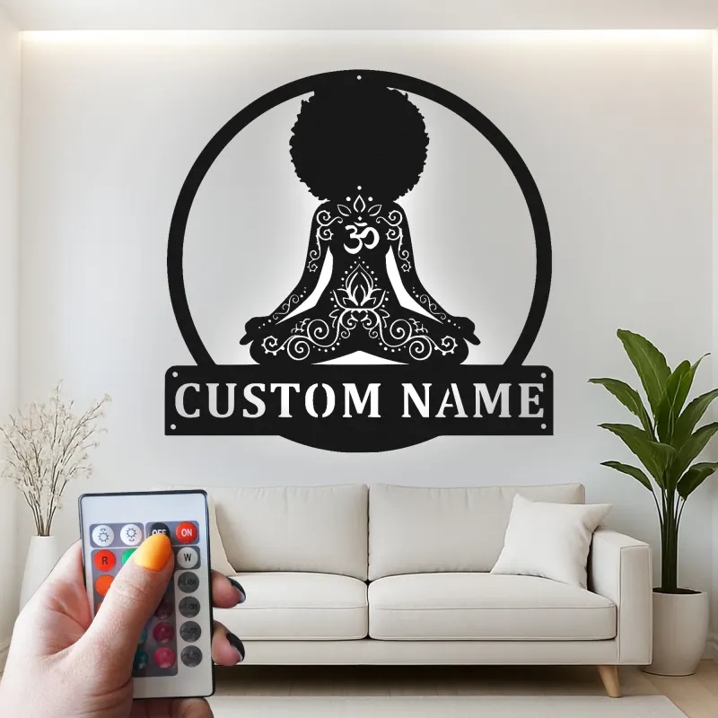 Custom Meditating Woman Led Light Metal Wall Art Yoga Lover Gift Zen Room or Meditation Space Decor