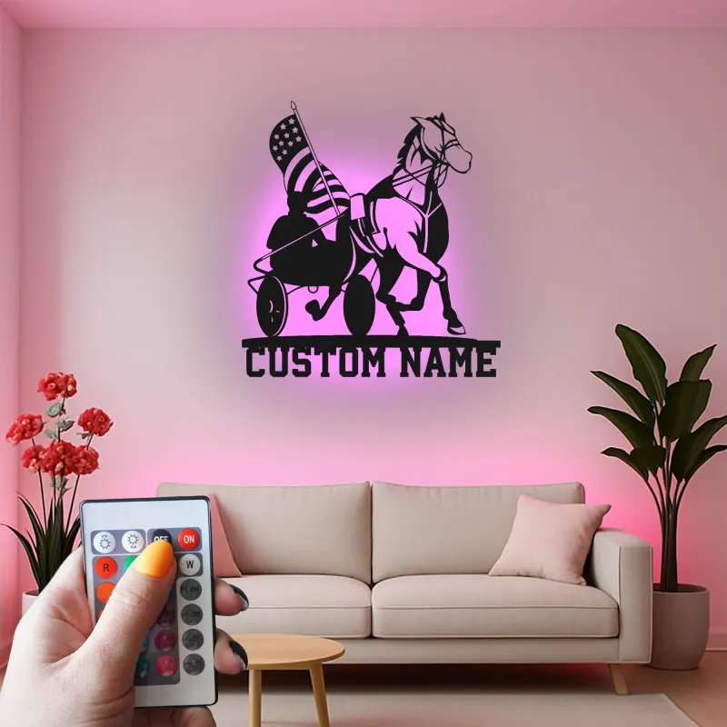 Harness Racing LED Metal Sign | Personalized Equestrian Wall Art | Custom Horse & USA Flag Stable Decor | Horse Lover Gift