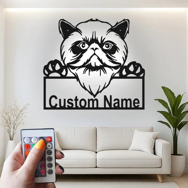 Décoration murale en métal personnalisée avec lumière LED pour chat persan - Cadeau unique pour les amoureux des chats
