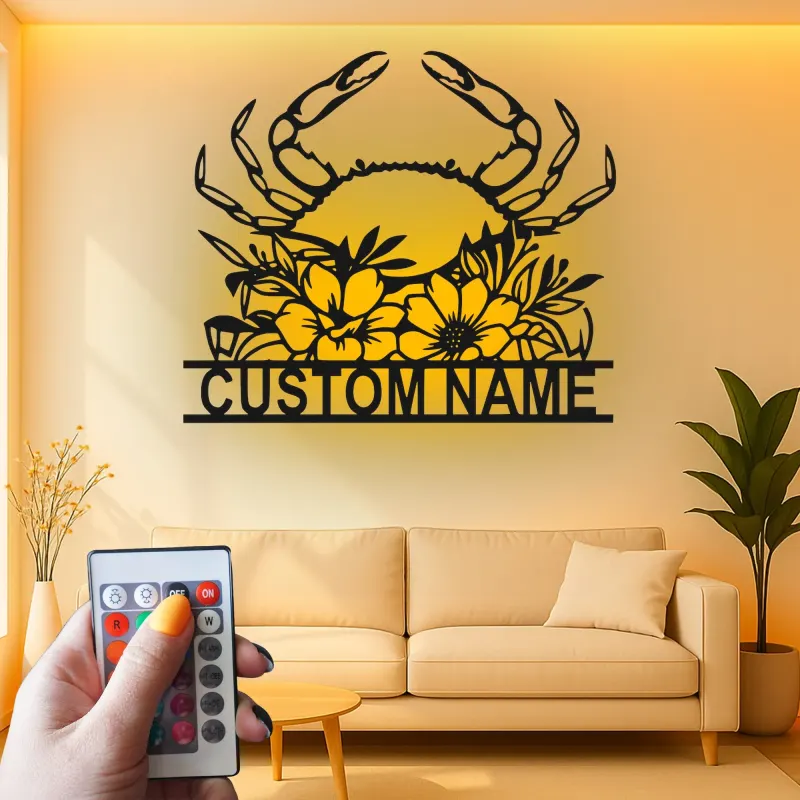 Personalisierte Krabbe mit Blumenmotiv – LED-Metall-Wandkunst, Küstengeschenk für Strandhaus-Deko