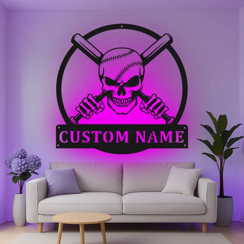Custom Baseball Skull Led Light Metal Wall Art Personalized Gift for Sports Fans Game Room Decor