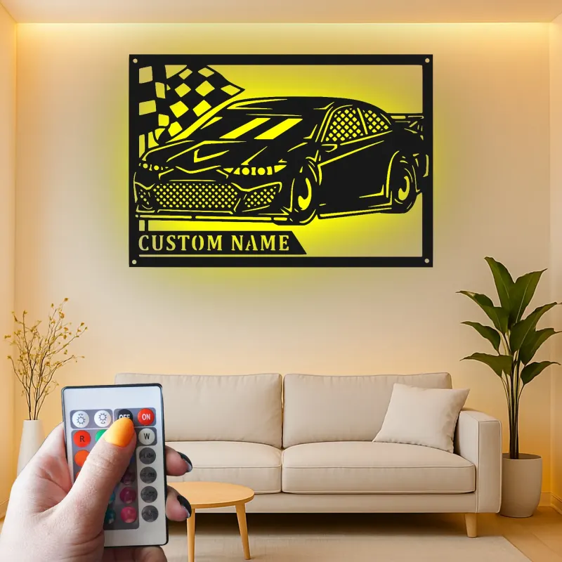 Personalized Race Car LED Sign | Custom Metal Wall Art for Garage | Gift for Car Enthusiast | Racing Decor