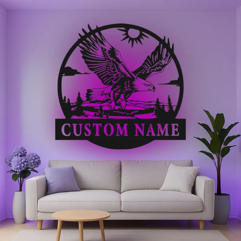 Décoration murale en métal LED personnalisée avec aigle - Cadeau pour les amoureux de la nature, décoration rustique pour le salon