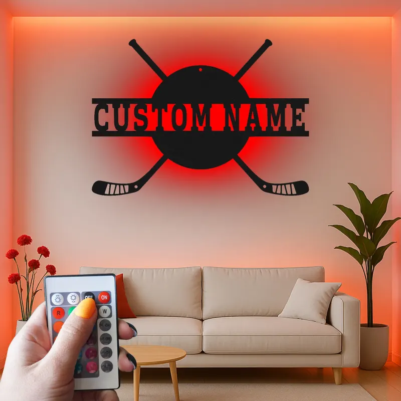 Personalisierte Hockey Namensschild | LED Metall-Wandkunst für das Spielzimmer | Individuelle Sportdekoration | Geschenk für Hockeyspieler