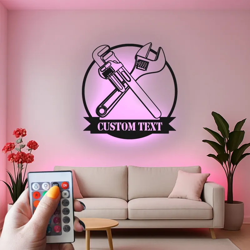 Décoration murale en métal personnalisée avec éclairage LED Clé et Clé à Pipe Cadeau pour Mécaniciens Décor de Garage Atelier