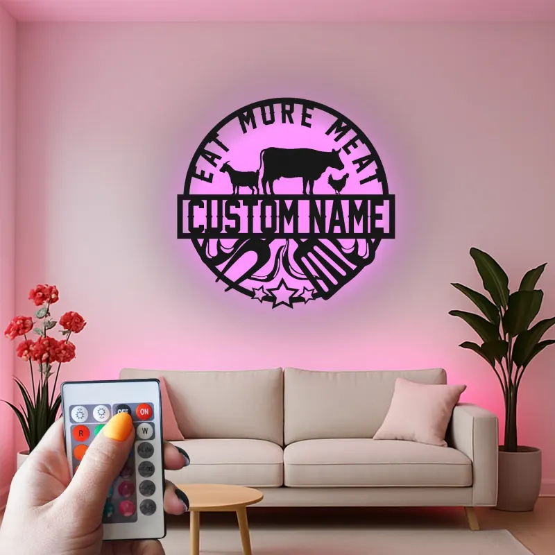 Custom Eat More Meat Led Light Metal Wall Art BBQ Lover Gift Outdoor Kitchen or Grill Area Decor