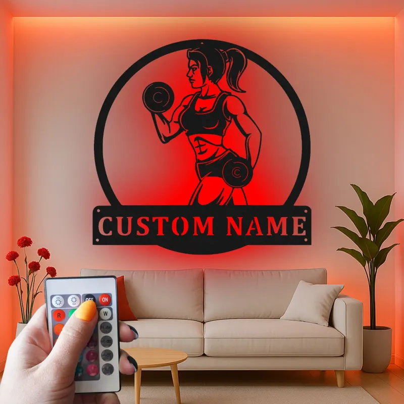Cartel LED personalizado de chica fitness | Arte de metal con nombre personalizado para gimnasio en casa | Decoración de sala de entrenamiento | Regalo motivacional para ella