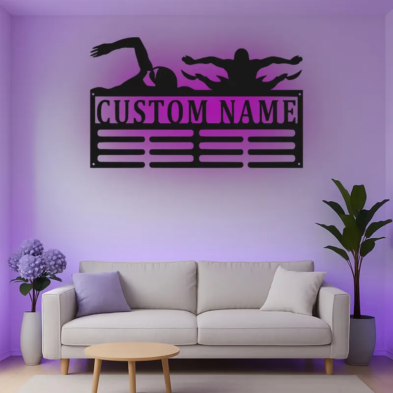 Décoration murale en métal personnalisée Nageur avec Rétroéclairage Cadeau pour Athlètes Décoration de Salle de Sport