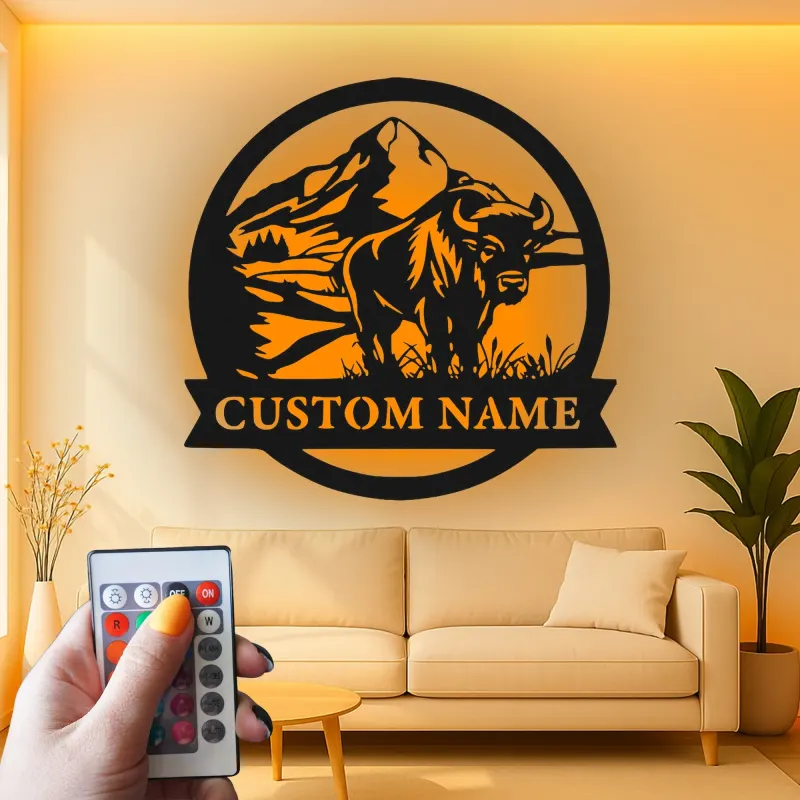 Custom Bison Mountain Led Light Metal Wall Art Personalized Wildlife Gift Rustic Living Room Decor