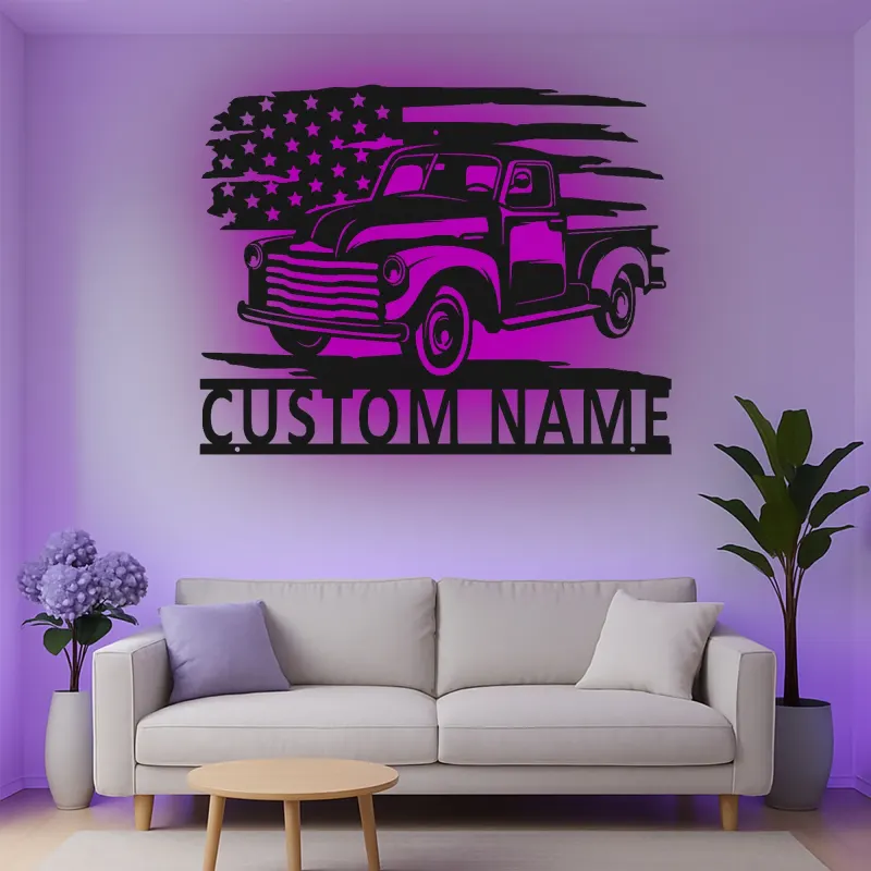 Personalisierte Vintage-Truck LED-Licht Metall-Wandkunst Geschenk für Auto-Enthusiasten Garagen- oder Männerecken-Dekor