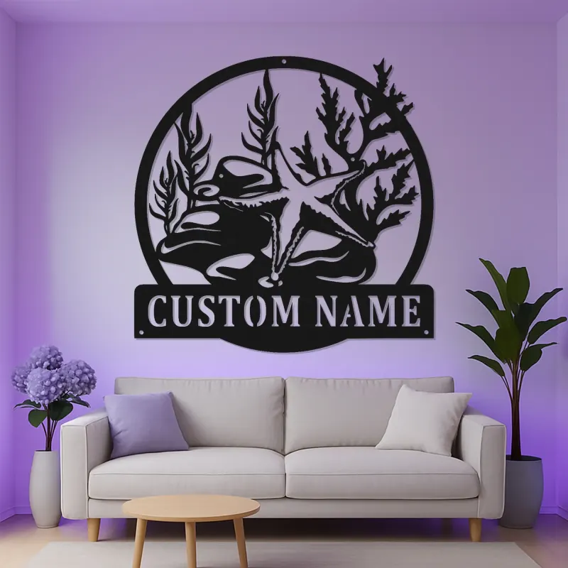 Custom Starfish Metal Sign | LED Nautical Wall Art | Personalized Beach House Decor | Coastal Ocean Scene Light