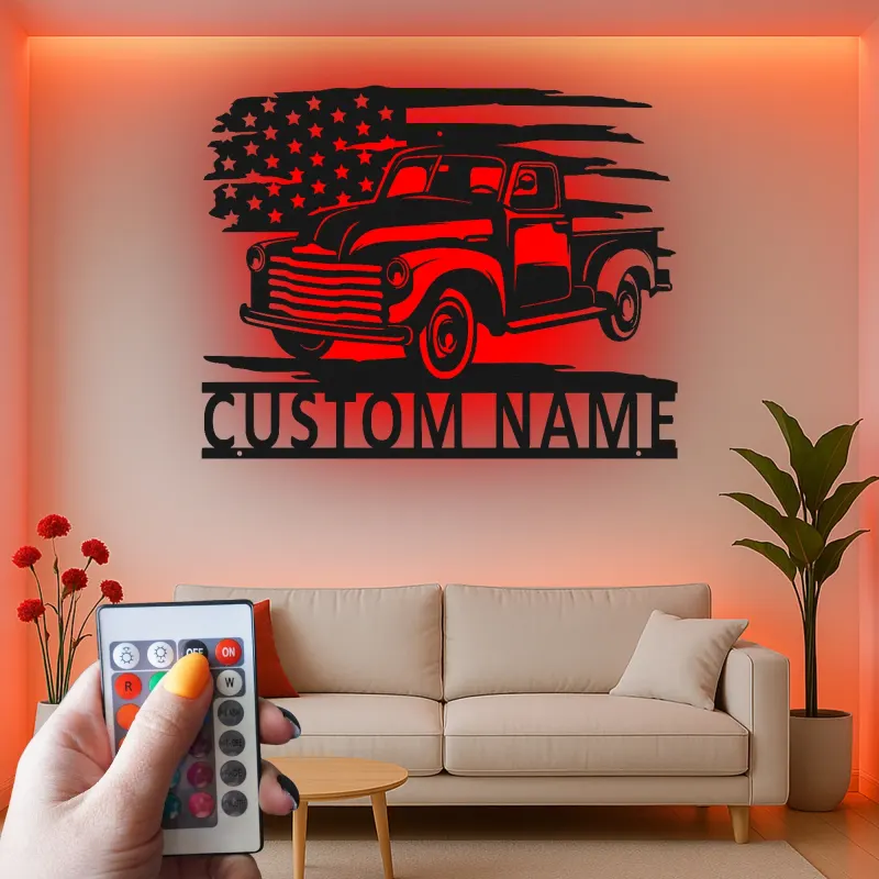Personalisierte Vintage-Truck LED-Licht Metall-Wandkunst Geschenk für Auto-Enthusiasten Garagen- oder Männerecken-Dekor