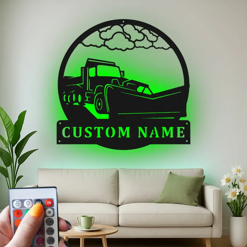 Snow Plow Truck Metal Sign | Custom LED Garage Wall Art | Personalized Gift for Driver | Heavy Duty Vehicle Decor