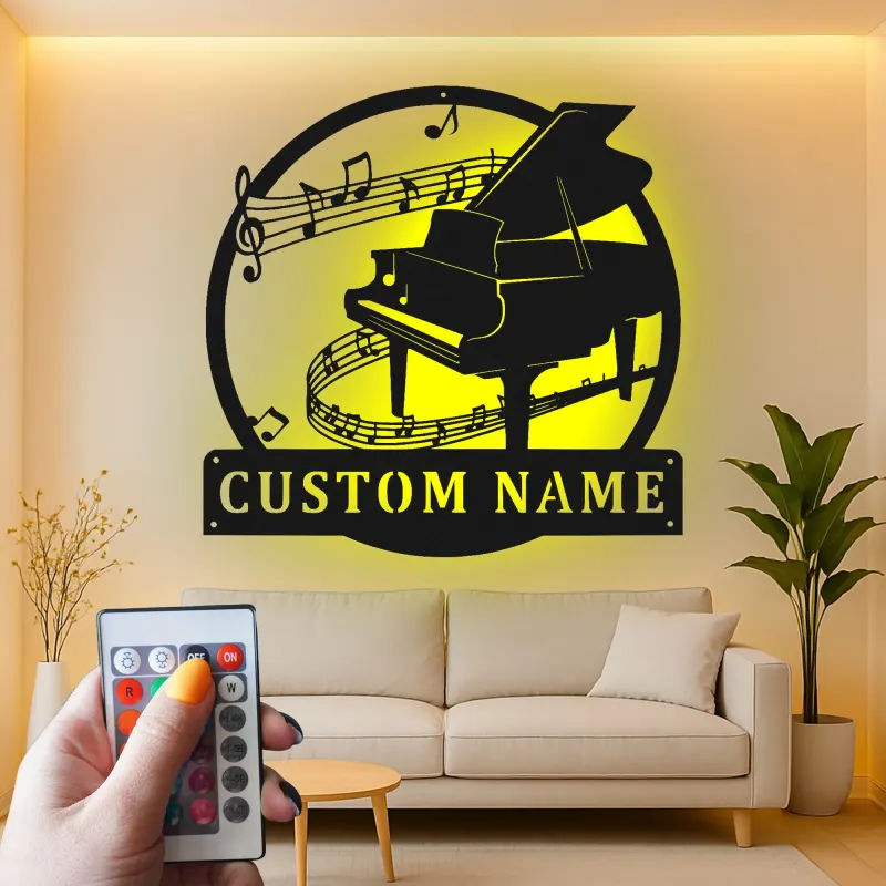 Cartel LED de piano personalizado | Arte mural de metal para músicos | Decoración de nombre personalizada para estudio | Luz de silueta de piano de cola