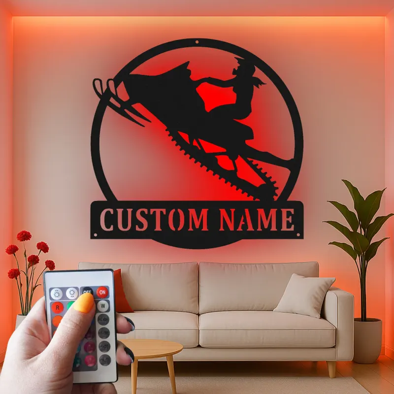 Custom Snowmobile LED Metal Sign | Personalized Rider Silhouette Wall Art | Winter Sports Decor Gift