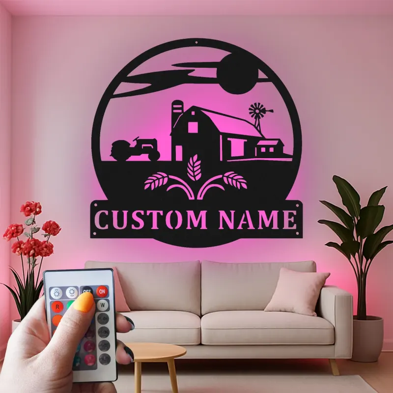 Personalized Farmhouse Sign with LED | Custom Metal Tractor Art | Rustic Ranch Name Decor | Gift for Farmer