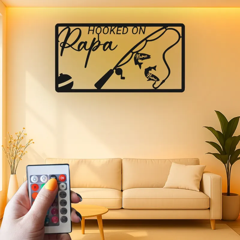 Personalisierte Fischer-Geschenk | Individuelles LED-Metallschild mit Namen | Dekoration für das Ferienhaus von Papa & Opa | Hooked on Papa-Schild