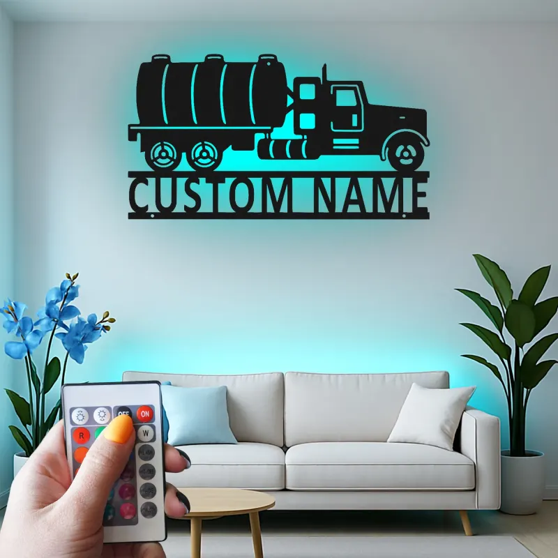Personalized Semi Tanker Truck Sign | LED Metal Wall Art | Industrial Garage Decor for Him | Custom Trucker Gift