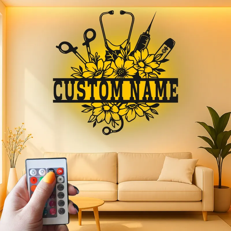 Personalisierte Krankenschwester-Schild mit LED-Licht | Metall-Wandkunst | Florales Stethoskop-Dekor für Klinik & Büro | Geschenk für Pflegekräfte