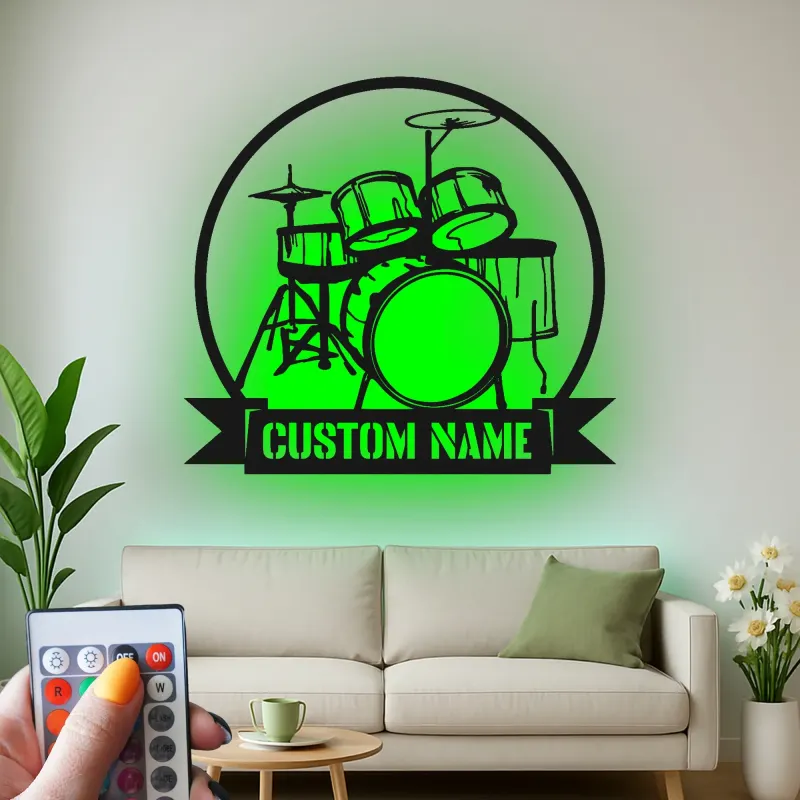 Custom Drum Set Led Light Metal Wall Art Personalized Musician Gift Studio or Music Room Decor 3