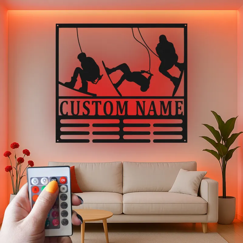 Décoration murale en métal personnalisée Aventure de ski avec rétroéclairage LED Cadeau personnalisé pour les passionnés de ski Décor de salle de jeux