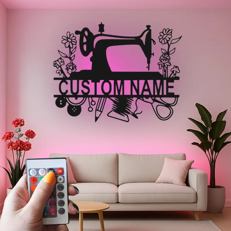 Personalized Sewing Machine LED Sign | Custom Metal Wall Art for Craft Room | Vintage Floral Seamstress Gift