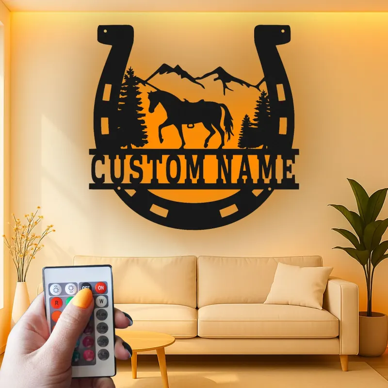 Custom Horse Metal Wall Art | Personalized Horseshoe LED Sign | Rustic Ranch & Barn Decor | Gift for Equestrian