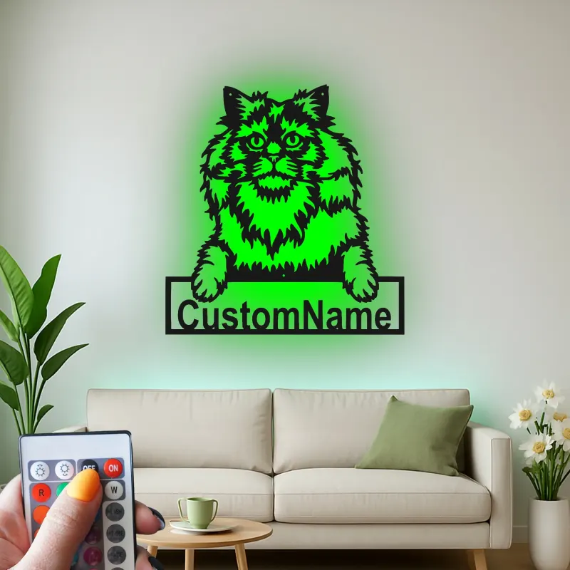Cartel de metal LED de gato persa personalizado, regalo para amantes de mascotas, decoración para sala de estar