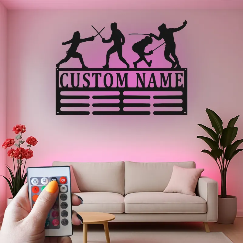 Décoration murale en métal personnalisée - Silhouette d'escrimeur avec rétroéclairage - Cadeau unique pour escrimeur
