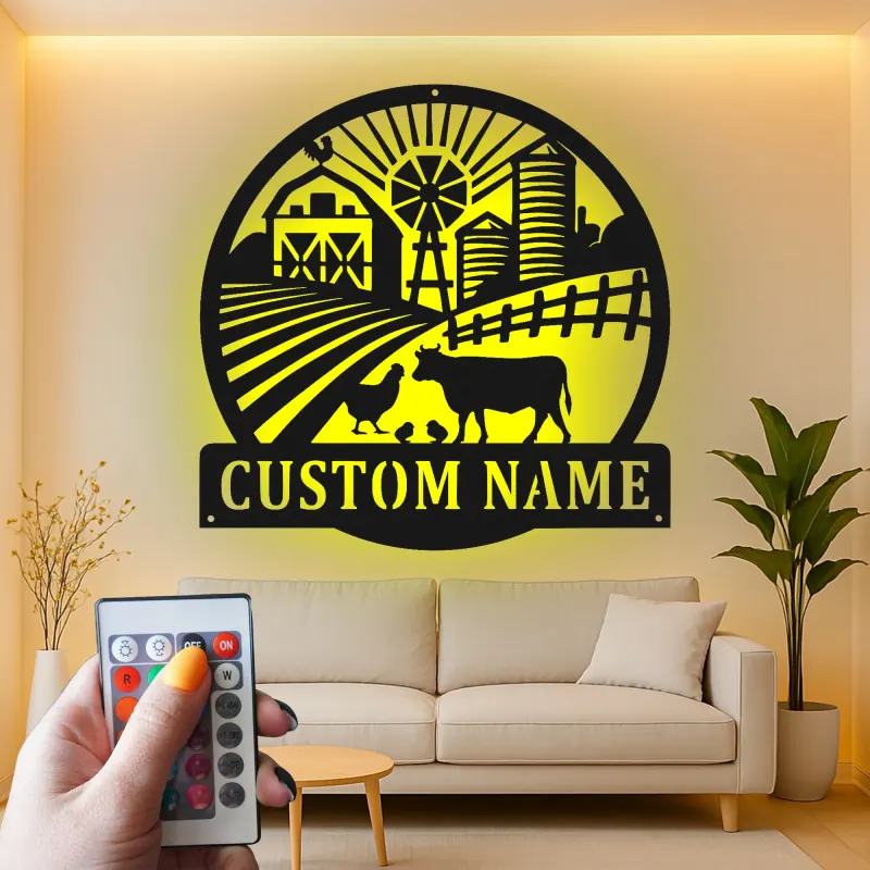 Cartel de Granja Personalizado con LED | Arte de Metal de Granja Personalizado | Placa de Nombre Familiar Rústica para Granjeros