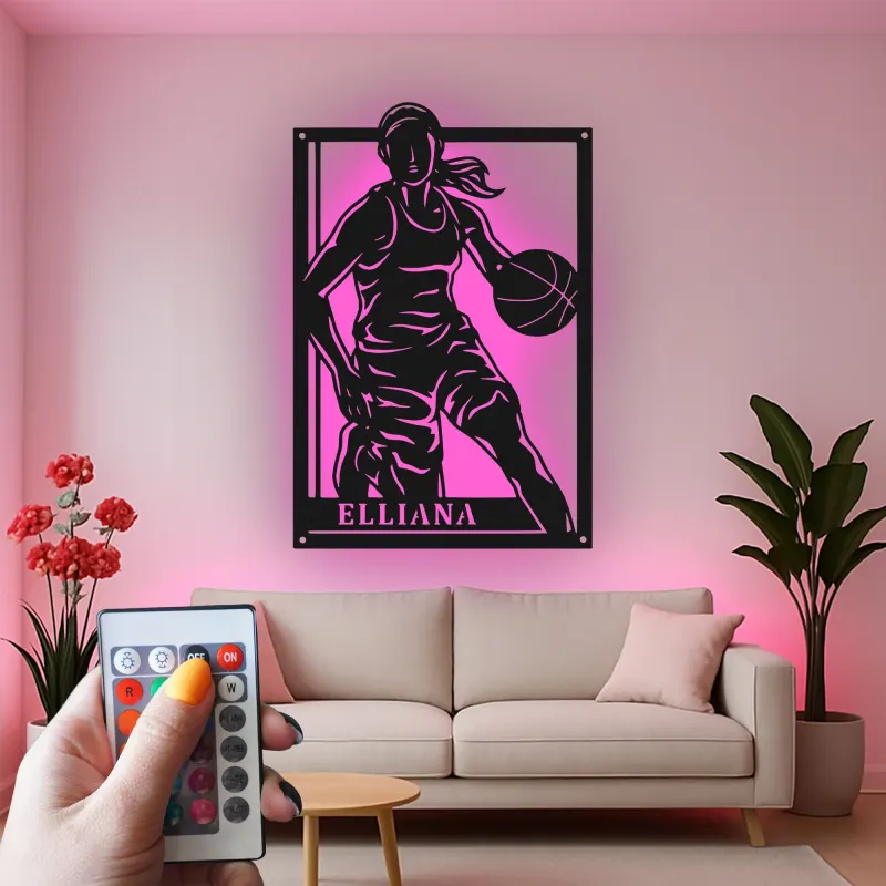 Custom Female Basketball Player Led Light Metal Wall Art Personalized Athlete Gift Game Room Sports Decor
