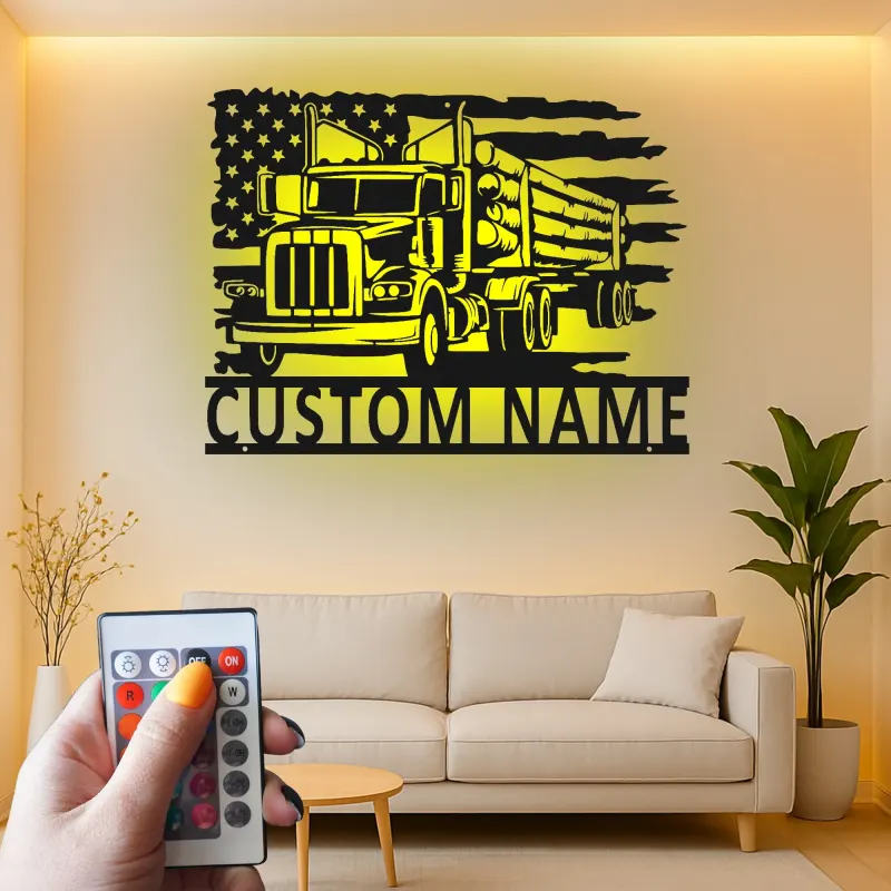 Décoration métal camion de grumes personnalisée | Plaque prénom camionneur avec LED | Décor man cave drapeau américain | Cadeau patriotique