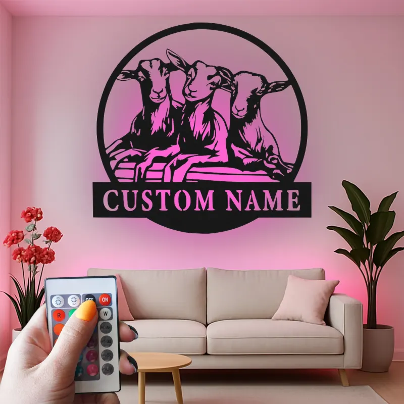Cartel de metal de cabra personalizado con LED | Decoración mural farmhouse personalizada | Decoración rústica de granero y regalo para amantes de las cabras