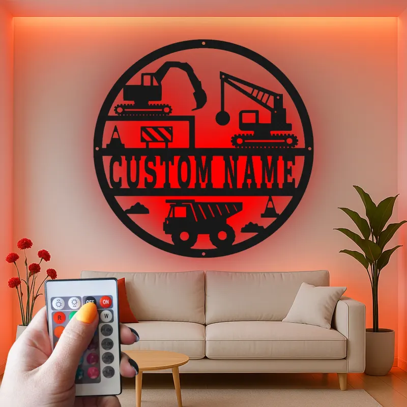 Custom Construction Site Led Light Metal Wall Art Personalized Gift for Kids Bedroom Decor for Little Builders
