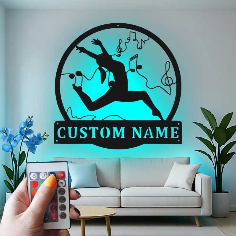 Personalisierte LED-Metall-Wandkunst mit Tänzer und Noten – Geschenk für Tanzliebhaber, Studio- oder Schlafzimmerdeko