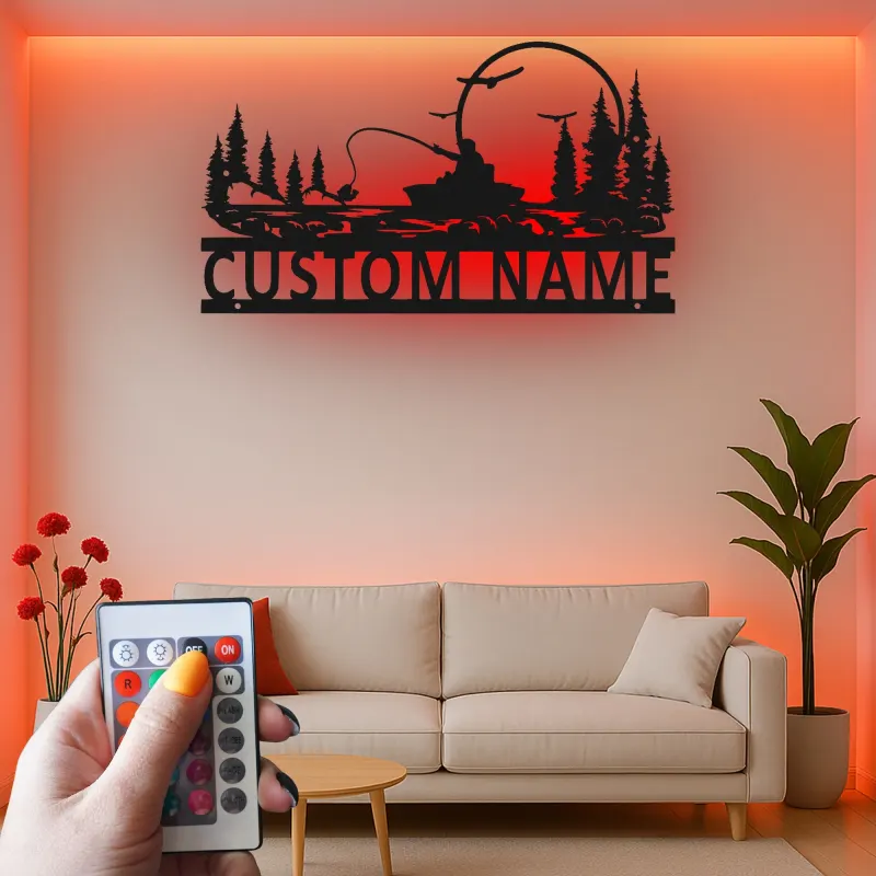 Cartel de pesca personalizado con luz LED | Arte mural de metal personalizado para casa de campo | Regalo para pescador y angler