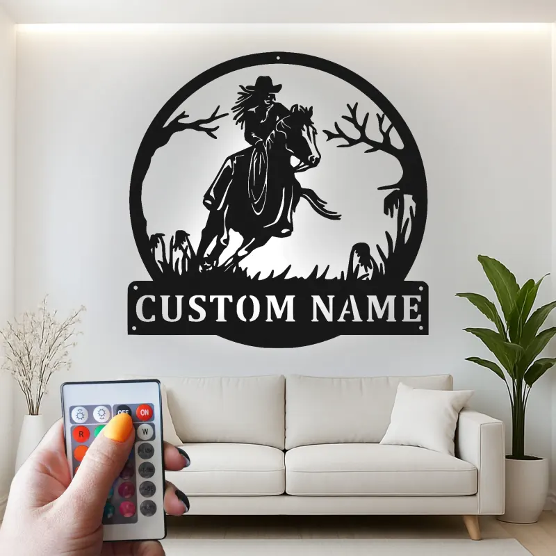 Custom Cowboy Riding Horse Led Light Metal Wall Art Western Gift for Horse Lovers Rustic Home Decor