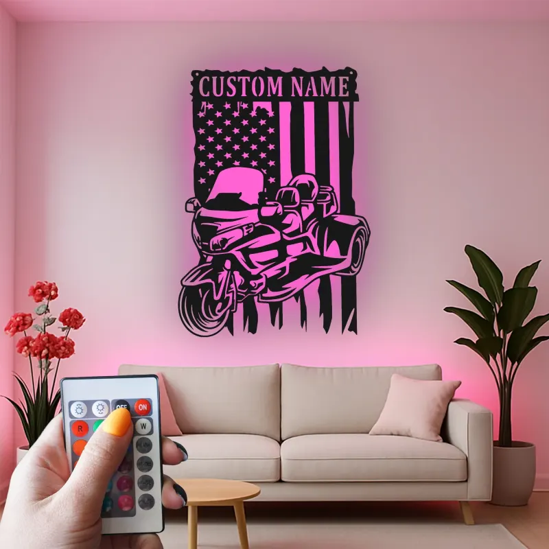 Art Métal LED Moto Personnalisé | Panneau Biker Drapeau Américain | Décor de Garage & Man Cave | Cadeau Unique pour Motard