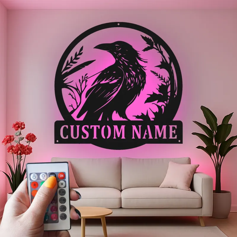 LED Raven Metal Wall Art | Personalized Bird Lover Gift | Custom Name Sign for Garden | Outdoor Nature Decor