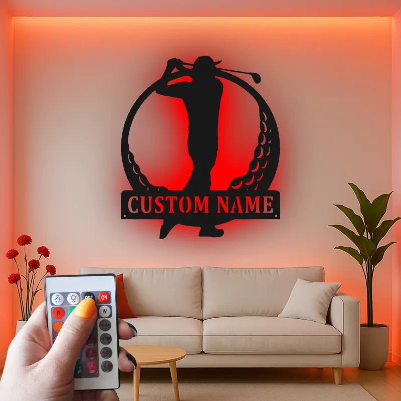 Insegna in metallo personalizzata per golfista con LED | Targa nome golf su misura | Decorazione murale per home bar e regalo per papà