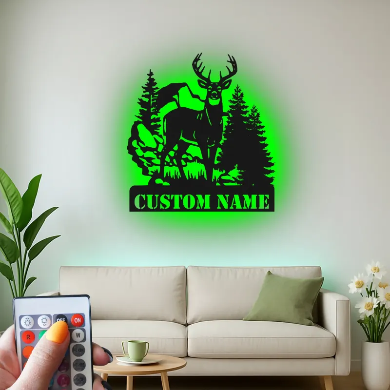 Décoration murale en métal personnalisée avec éclairage LED de forêt de cerfs - Cadeau pour les amoureux de la nature, décoration de chalet ou de pavillon 1