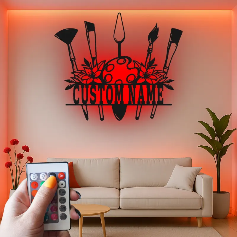 Insegna in metallo personalizzata con luce LED a forma di tavolozza per artisti regalo personalizzato per pittori, decorazione per studio o sala d'arte