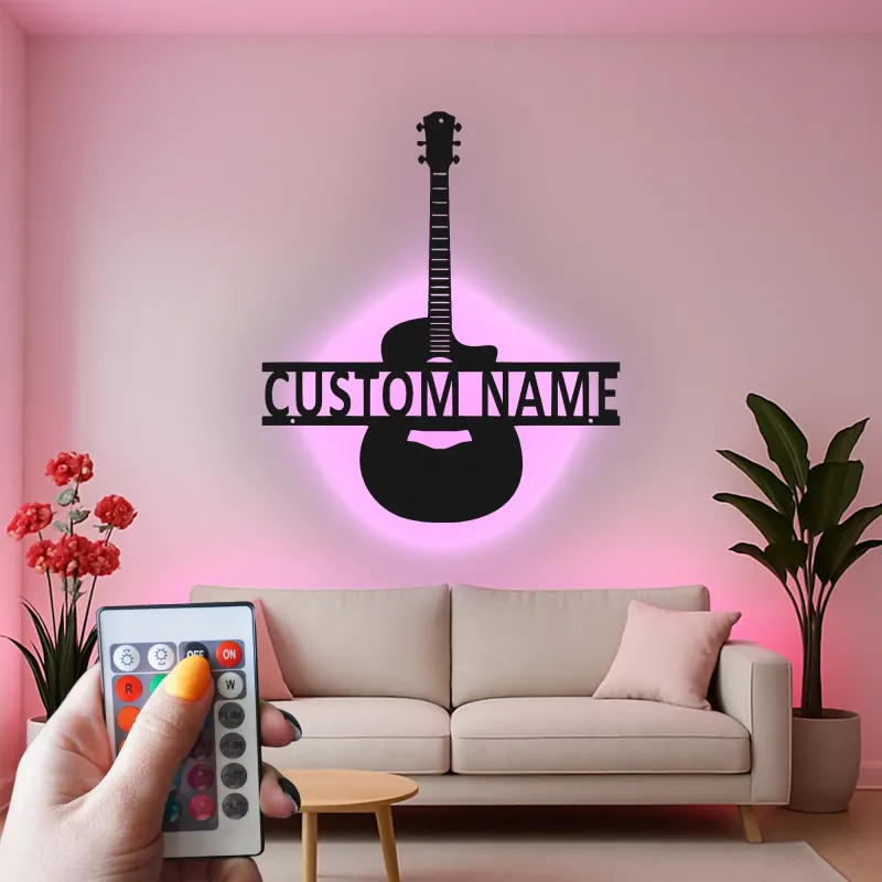 Insegna LED personalizzata a forma di chitarra | Arte murale con nome del musicista | Decorazione in metallo per studio musicale | Regalo per chitarristi