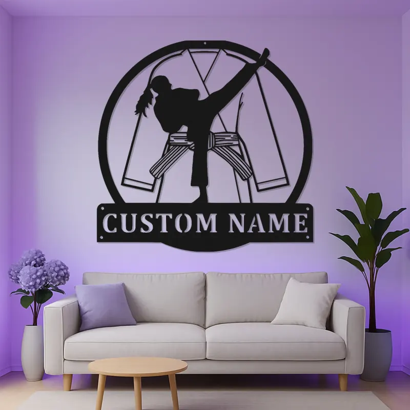 Panneau en métal personnalisé de karaté féminin | Décoration murale LED sur mesure pour arts martiaux | Décor de chambre de fille de karaté et cadeau ceinture noire