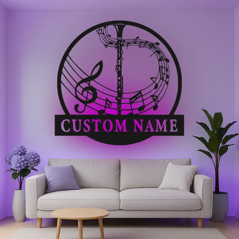 Insegna in metallo LED personalizzata con note musicali e trombone - Regalo per amanti della musica, decorazione per soggiorno o studio