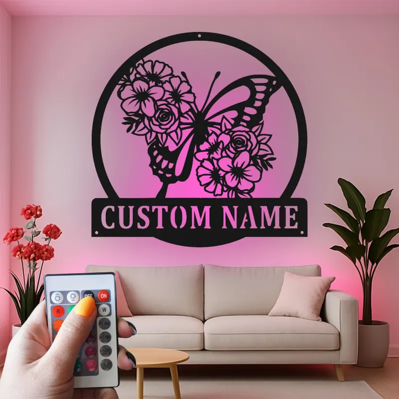 Custom Butterfly and Flowers Led Light Metal Wall Art Personalized Gift for Nature Lovers Bedroom or Garden Decor