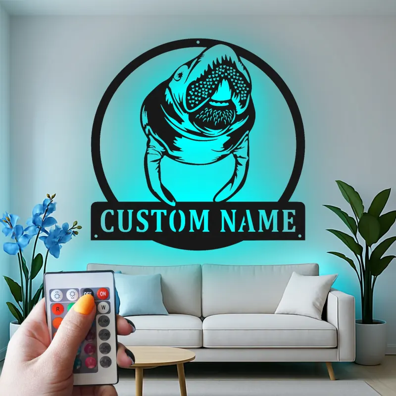 Manatee LED Metal Wall Art | Personalized Sea Cow Name Sign | Custom Nautical Decor for Beach House & Ocean Lovers
