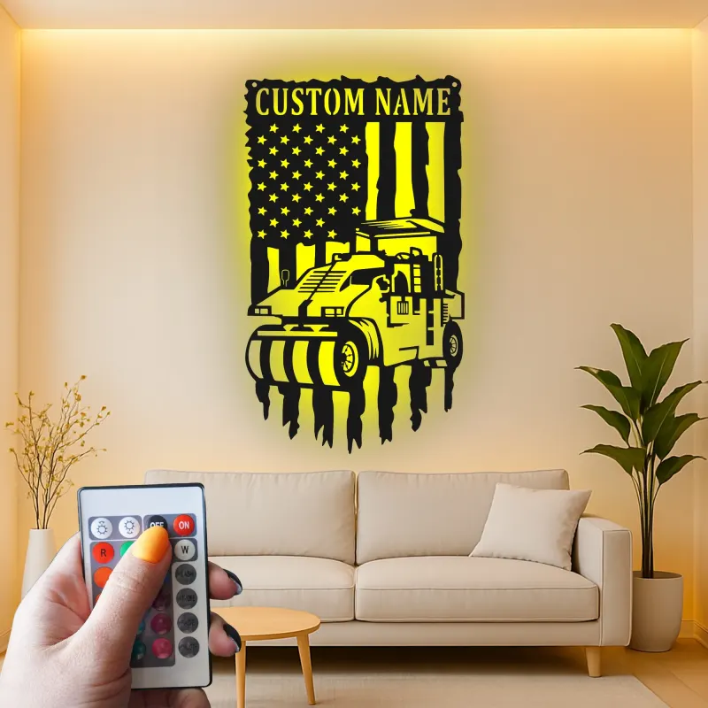 Road Roller Metal Wall Art | Personalized Construction LED Sign | American Flag Heavy Equipment Decor for Office or Garage