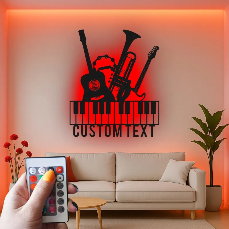Insegna per Studio Musicale Personalizzata | Arte in Metallo LED per Musicisti | Decorazione Silhouette Strumenti Personalizzati | Regalo per Chitarra, Pianoforte, Tromba